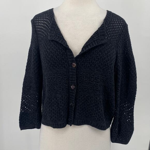 Peruvian Connection Pima Cotton Cardigan Sweater Cropped Open Knit Black Medium - Picture 5 of 12